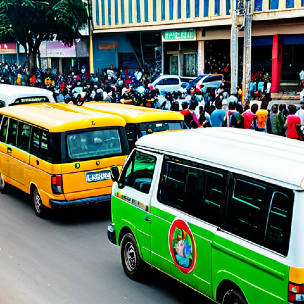 A bustling street scene in Abidjan, Côte d'Ivoire, featuring people interacting with colorful Gbaka minibuses and yellow-green Woro-woro shared taxis. Subjects are fully clothed in modest, everyday attire, appropriate for professional photography, depicting a vibrant urban daily life. The background shows a lively street with other vehicles and distant city buildings. High quality, professional photography, natural pose, perfect anatomy, correct proportions, well-formed hands, proper finger count, natural body proportions, safe for work, appropriate content, fully clothed, modest, family-friendly.