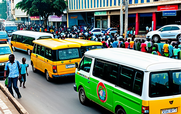 A bustling street scene in Abidjan, Côte d'Ivoire, featuring people interacting with colorful Gbaka minibuses and yellow-green Woro-woro shared taxis. Subjects are fully clothed in modest, everyday attire, appropriate for professional photography, depicting a vibrant urban daily life. The background shows a lively street with other vehicles and distant city buildings. High quality, professional photography, natural pose, perfect anatomy, correct proportions, well-formed hands, proper finger count, natural body proportions, safe for work, appropriate content, fully clothed, modest, family-friendly.