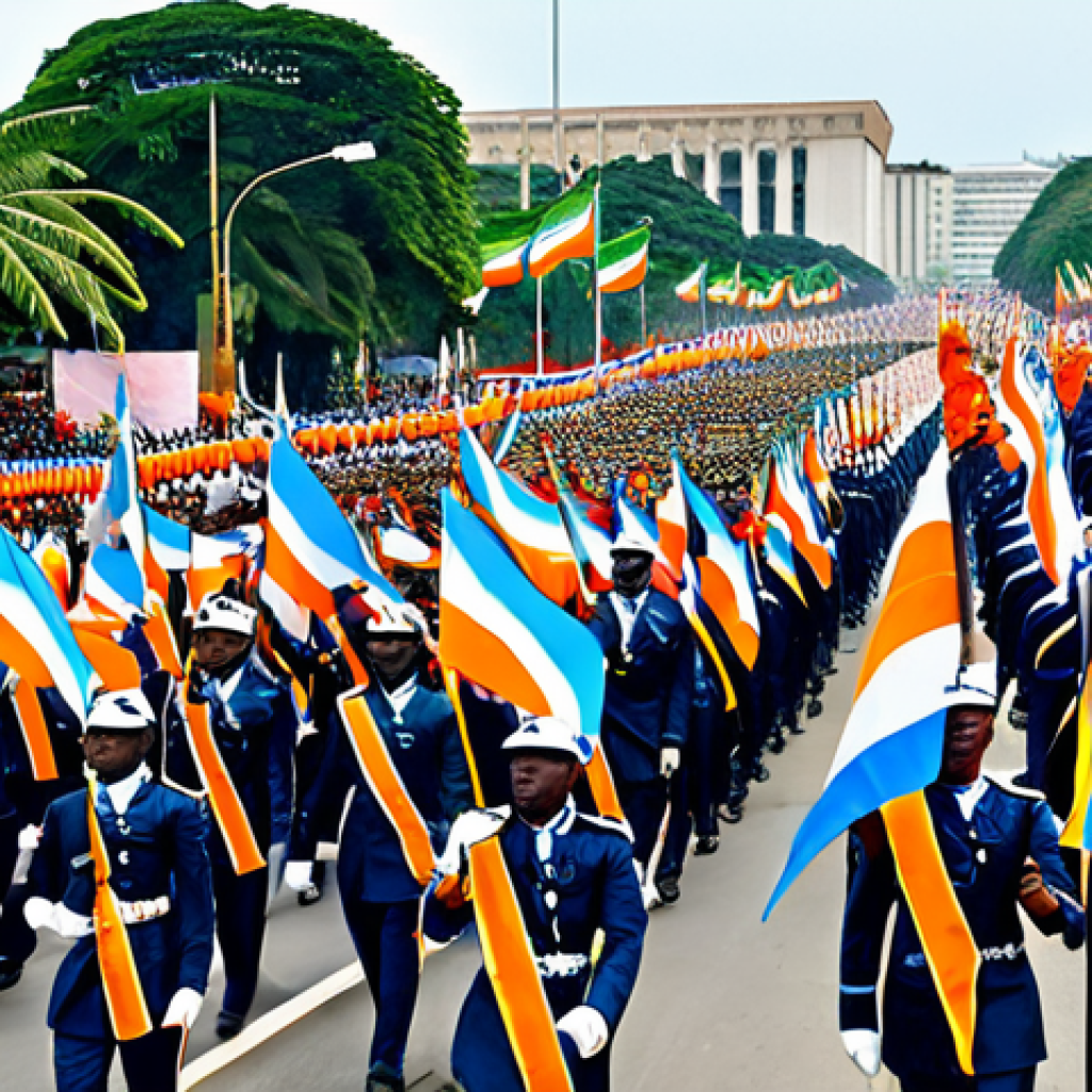 Independence Day Parade in Abidjan**

"A vibrant and colorful Independence Day parade in Abidjan, Côte d'Ivoire. The scene captures soldiers marching in formation, students waving flags, and enthusiastic crowds cheering. The backdrop features iconic Abidjan architecture. Focus on the pride and unity of the people. Fully clothed, appropriate attire, safe for work, perfect anatomy, natural proportions, professional photography, high quality, family-friendly."

**