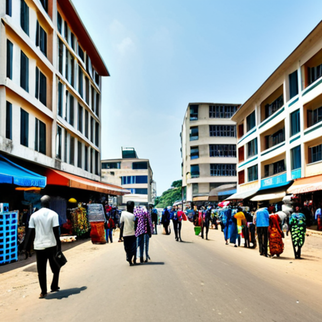 코트디부아르 지역별 인터넷 보급률 - **Image Prompt:** "A bustling street scene in Abidjan, Ivory Coast. Professional people in appropria...