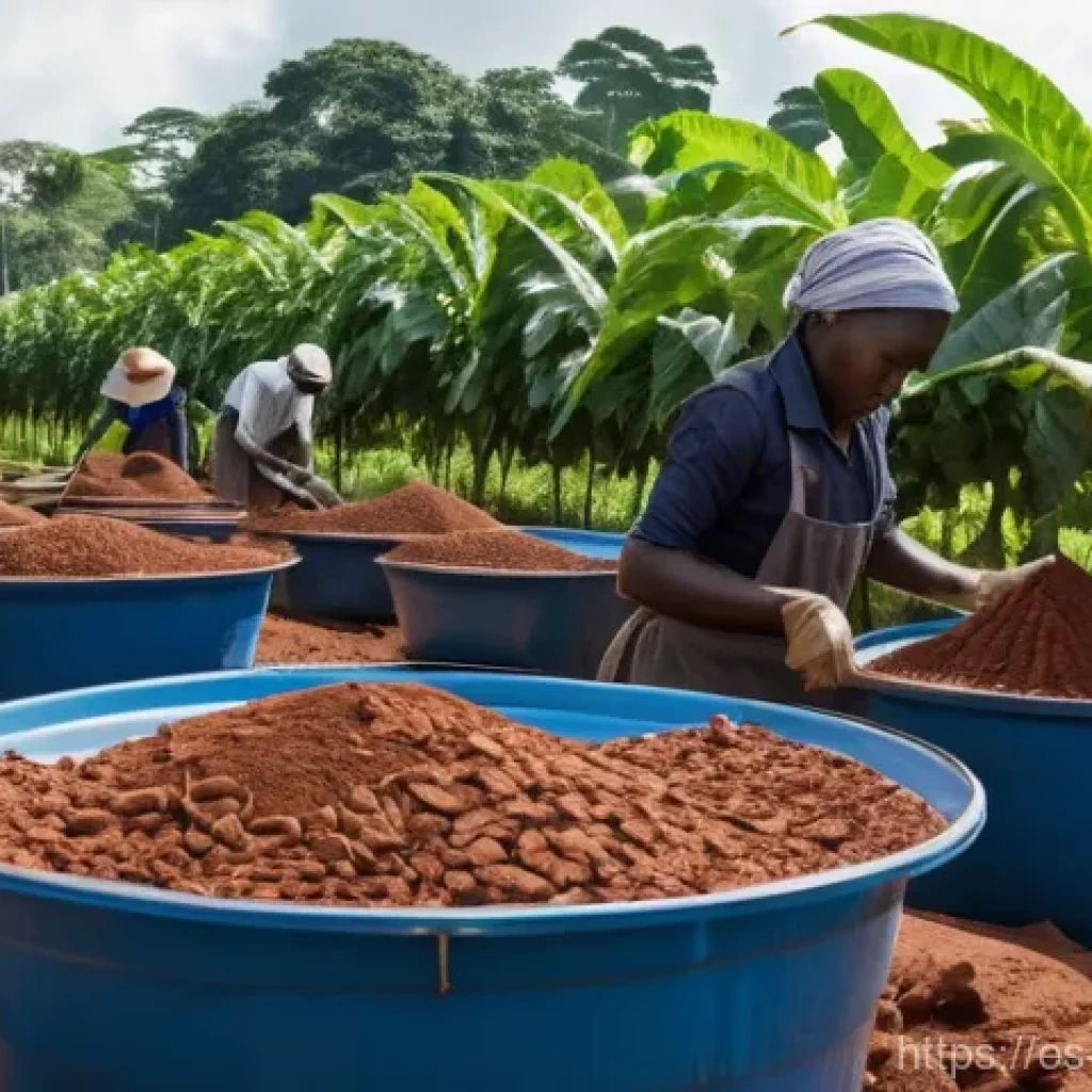 코트디부아르 전력난 해결 방안 - **Prompt: Cacao Biomass & Rural Innovation**
    "A vibrant and bustling scene on a cacao farm in ru...
