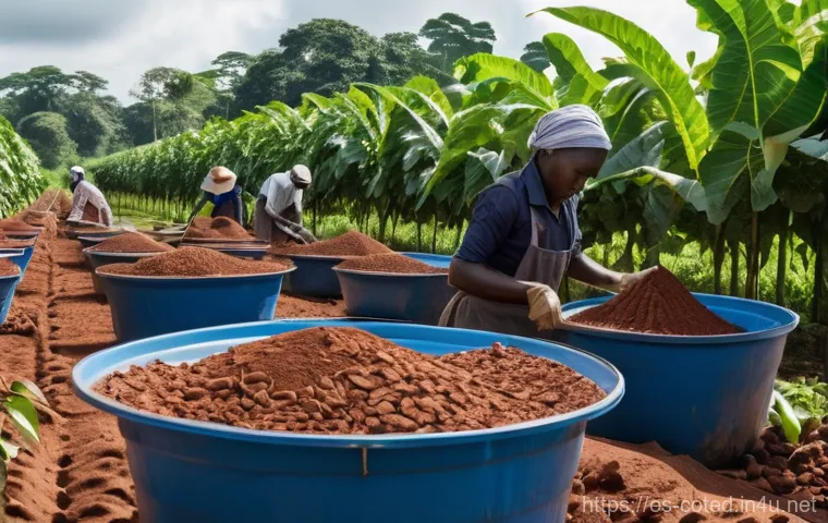 코트디부아르 전력난 해결 방안 - **Prompt: Cacao Biomass & Rural Innovation**
    "A vibrant and bustling scene on a cacao farm in ru...