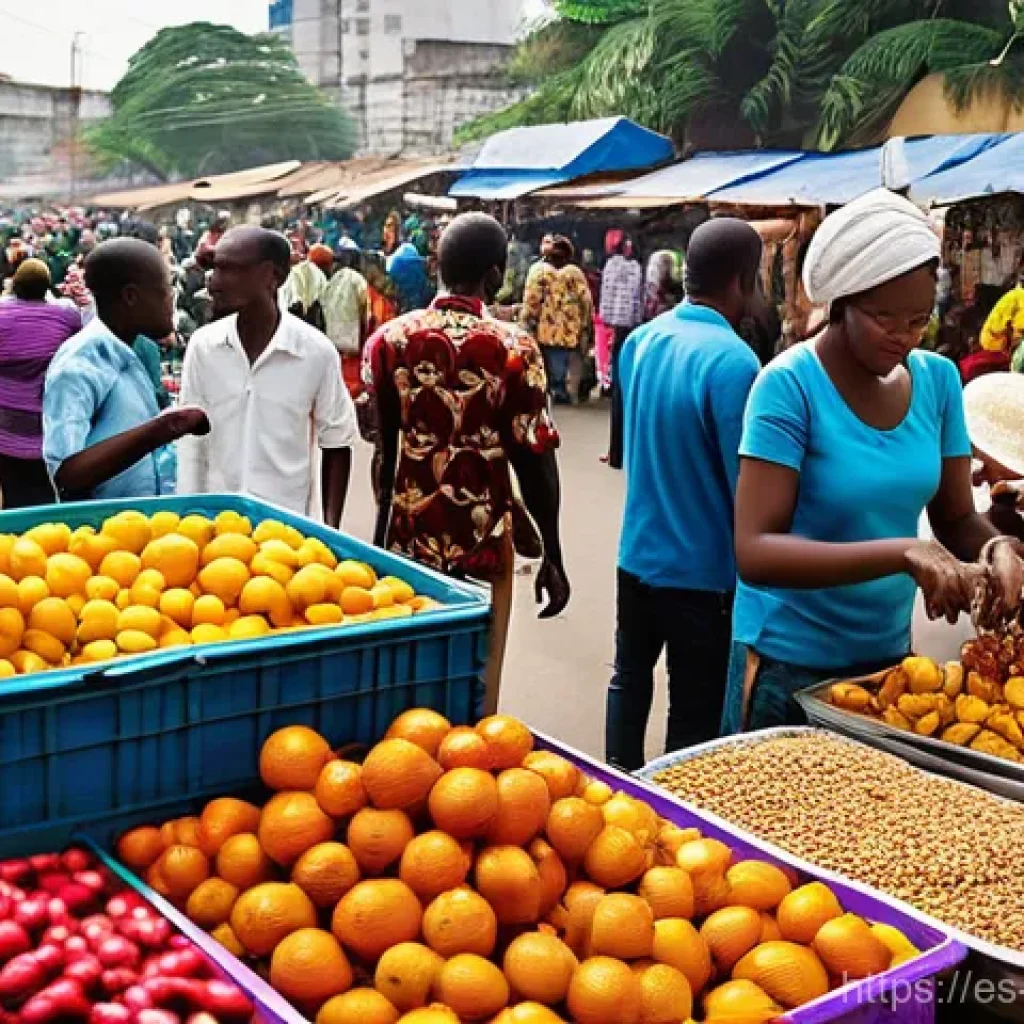 코트디부아르 언어와 프랑스어 사용률 - **Prompt 1: Bustling Ivorian Market, A Symphony of Languages**
    "A vibrant, bustling outdoor mark...
