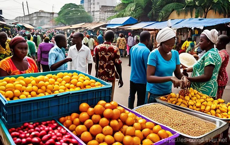 코트디부아르 언어와 프랑스어 사용률 - **Prompt 1: Bustling Ivorian Market, A Symphony of Languages**
    "A vibrant, bustling outdoor mark...
