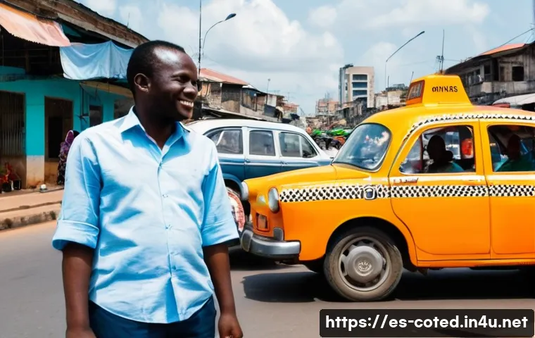 코트디부아르 택시 요금과 팁 문화 - **Prompt:** A vibrant, bustling street scene in Abidjan, Ivory Coast, under warm daylight. The focal...