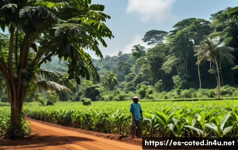 코트디부아르 환경 문제와 기후 변화 - **Prompt:** A vibrant, sun-drenched landscape in rural C&ocirc;te d'Ivoire showcasing sustainable cacao fa...