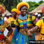 Home 19 코트디부아르 유명 축제 - A vibrant traditional festival scene in Ivory Coast featuring dancers in colorful, elaborately patte...