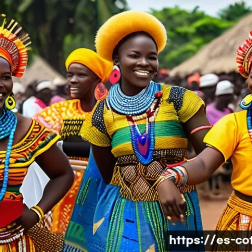 Home 31 코트디부아르 유명 축제 - A vibrant traditional festival scene in Ivory Coast featuring dancers in colorful, elaborately patte...