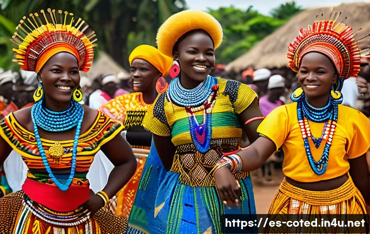 코트디부아르 유명 축제 - A vibrant traditional festival scene in Ivory Coast featuring dancers in colorful, elaborately patte...