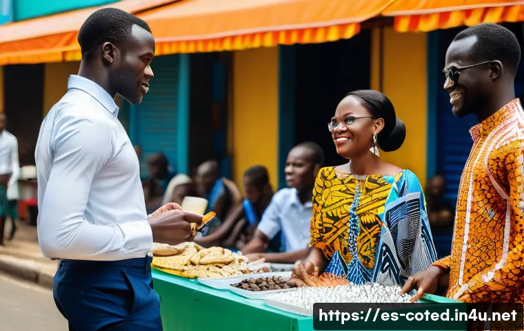 코트디부아르 워킹홀리데이 비자 가능 여부 - A vibrant street scene in Abidjan, Ivory Coast, showing young foreign professionals and local Ivoria...